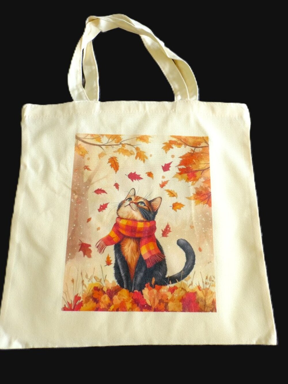 Fall Leaves Cat with Scarf Canvas Tote Bag, Handmade, books, reusable, Autumn